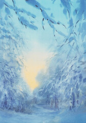 Forest trees in blue twilight watercolor background - 481687795