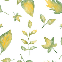 Green and yellow leaves - watercolor painting, hand drawn seamless pattern on white background