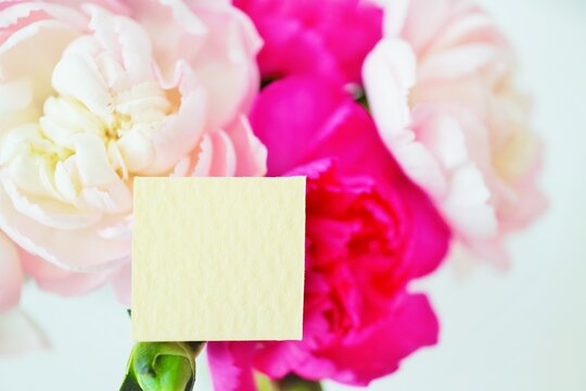 赤と桃色のカーネーションの花を飾った母の日のイメージのカードのモックアップ