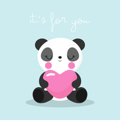 Cute Panda with heart in cartoon style. Vector illustration. For kids stuff, card, posters, banners, children books, printing on the pack, printing on clothes, fabric, wallpaper, textile or dishes.