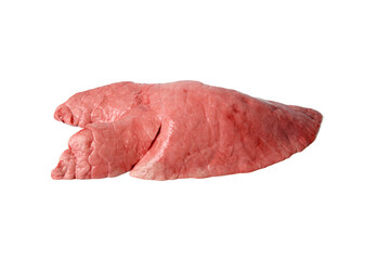 Raw pork lungs on white background. Single fresh healthy pink lung. Closeup.