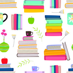 Flat vector cartoon seamless pattern with stacks of books. Various books, cups, vase, apple. Colorful decorative wallpaper for book lovers on a white background.