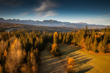 Beautiful sunrise on the meadow under the Tatra Mountains at autumn. Poland