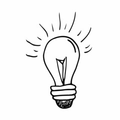 Vector light bulb icon with concept of idea. Doodle hand drawn sign. Illustration for print, web. Buisness, startup concept © Saramix