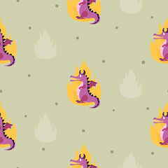 Seamless cartoon dragon and fire pattern. Vector baby illustration
