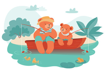 Teddy bear Dad and Son fishing together. Happy Family scene. Father's Day card. Vector illustration