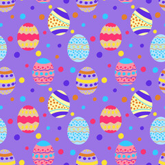 Vector colored easter eggs seamless pattern for Easter holidays on purple background. Patterns, flowers, lines, dots, stars. Vector illustration. EPS 10, doodle style