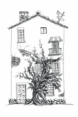 Facade of old cartoon house with tree. Hand drawn outline vector sketch illustration. Black on white background