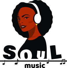African American girl in headphones listening to soul music. Icon for soul music. Stock vector illustration