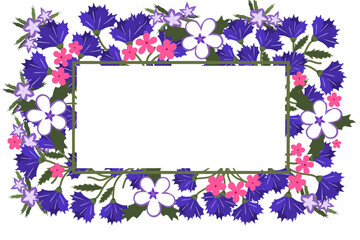 Rectangular frame for text, from purple and pink flowers, green leaves, for design and print