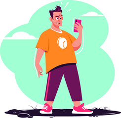 The young guy looks at the cell phone screen with concern and surprise. The man has received an unpleasant message from a friend or girlfriend. Stock vector illustration
