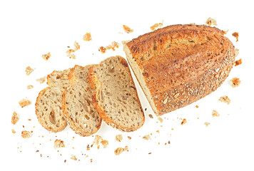 Whole grain bread and slices isolated on a white background. Multi grain bread.