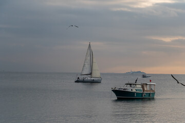 Sailboat  and ship at sea. Seagulls. Sunset sky. Copy paste space. Horizontal banner photo. 