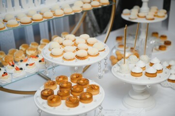 various dessert with fresh fruit on buffet line, sweet