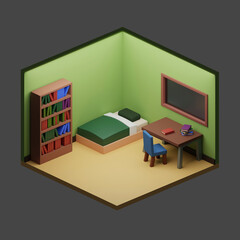 Green bedroom Isometric low poly 3d rendering.
