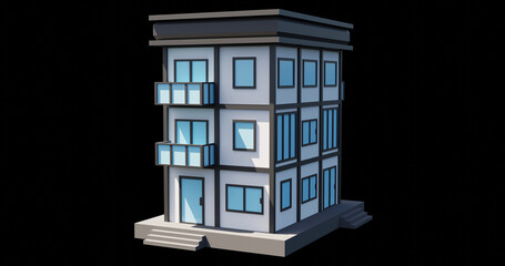 Building or modern style 3-floor house. Architecture, low poly perspective 3d rendering.