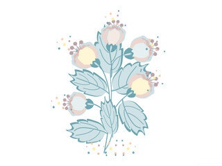 Flowers and leaves, drawing in gentle pastel colors, on a white background, for a postcard and design
