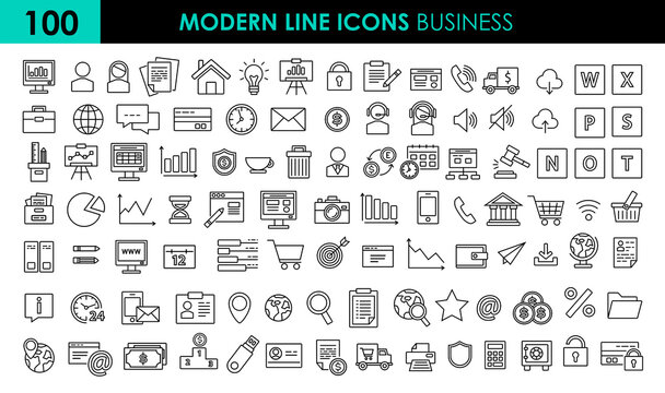 Set 100 modern vector line Icon of Business and Finance. Icons as business people, idea, diagram, basket, global, presentation, goal, work. Outline icons collection. 