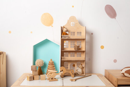 boy's room. Stylish scandinavian room, with toys. Modern interior with background walls.