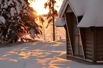 A wooden barbecue hut in the middle of snow on a wonderful winter evening by a frozen lake. The...