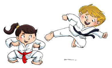 Illustration of boy and little girl practicing martial arts