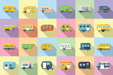 Auto camping icons set flat vector. Home motor