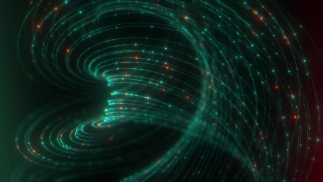 An abstract background of rotating spiral lines and shimmering green and orange dots. String theory. Spiral motion, concept.