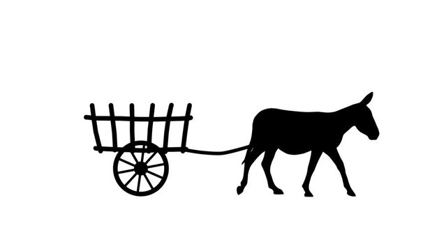 A donkey pulling a cart, animation on the white background