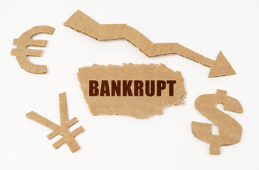 On a white background, currency symbols, an arrow and a cardboard box with the inscription - Bankrupt