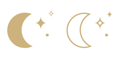 Gold half moon and stars outlined and filled, vector icon sign symbols