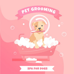 Pet grooming vector illustration with cute dog . Dog sitting in the bathtub with toothbrush and buble
Illustration for pet grooming