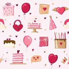 Seamless pattern on a white background. Cakes, gifts, candles, balls, flags, tape for inscriptions, party caps. A set of items for the holiday. Vector illustration.