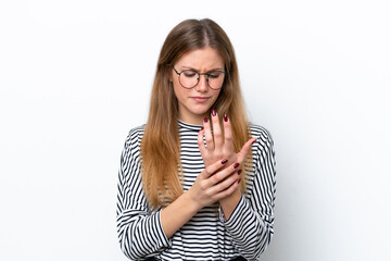 Young caucasian woman isolated on white background suffering from pain in hands