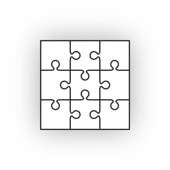 Puzzle pieces set. Jigsaw grid. Thinking mosaic game with 3x3 details. Simple background with 9 separate shapes. Laser cut frame. Bussines banner. Vector illustration.