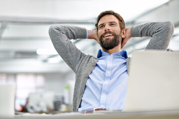 Taking a moment to think. Shot of a young businessman working on his laptop in the office and...