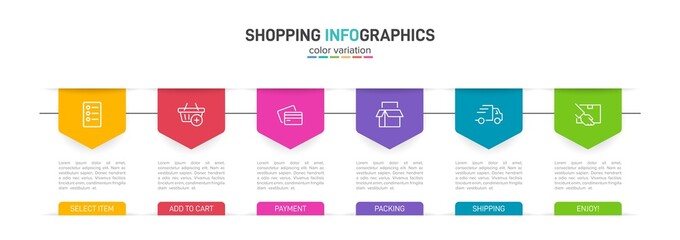 Concept of shopping process with 6 successive steps. Six colorful graphic elements. Timeline design for brochure, presentation, web site. Infographic design layout.