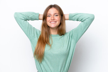 Young caucasian woman isolated on white background laughing