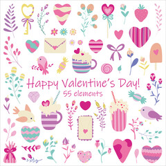 
Valentine's Day objects. Cute elements about love and romance on white background. For wrapping paper, cards, backgrounds, postcards, congratulations and print.