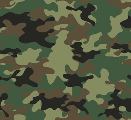 Fototapeta premium Camouflage illustration, green military texture, army uniform, street pattern. Forest background.