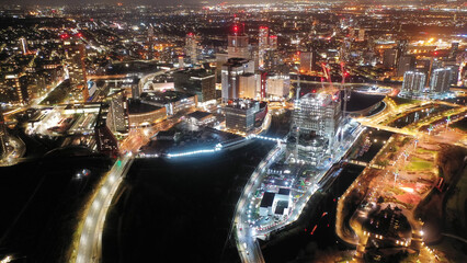 Aerial drone night shot of iconic illuminated London Stadium facilities in Queen Elizabeth Park, London, United Kingdom © aerial-drone