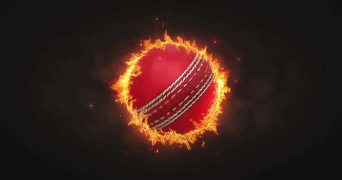 Rotating red cricket ball in burning fire flames on dark background. Sport equipment as loopable 4K video background.