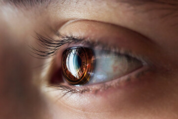 Manipulation of the eyeball with a macro photographed and a clock image.