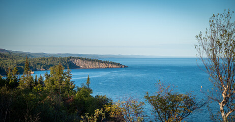 View of Shovel Point in Tettegouche State Park, along the north shore of Lake Superior in Minnesota. Viewed in evening light from Palaside Head, near Silver Bay.