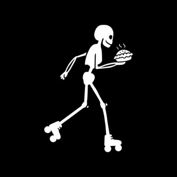 Vector illustration of a skeleton on roller skates with a pie in his hand.