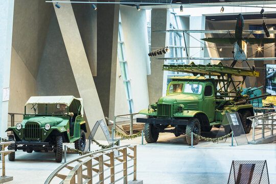 Minsk, Belarus - December 20, 2015: Soviet four-wheel drive Army Truck GAZ-67 and Katyusha multiple rocket launchers BM-13N on Lend-Lease Studebaker truck In Belarusian Museum Of Great Patriotic War