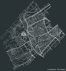 Detailed negative navigation white lines urban street roads map of the LOOSDUINEN DISTRICT of the Dutch regional capital city The Hague, Netherlands on dark gray background