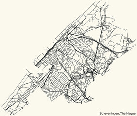 Detailed navigation black lines urban street roads map  of the SCHEVENINGEN DISTRICT of the Dutch regional capital city The Hague, Netherlands on vintage beige background