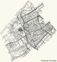 Fototapeta na wymiar Detailed navigation black lines urban street roads map of the LOOSDUINEN DISTRICT of the Dutch regional capital city The Hague, Netherlands on vintage beige background