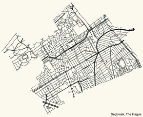 Detailed navigation black lines urban street roads map  of the SEGBROEK DISTRICT of the Dutch regional capital city The Hague, Netherlands on vintage beige background