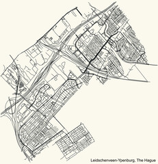 Fototapeta na wymiar Detailed navigation black lines urban street roads map of the LEIDSCHENVEEN-YPENBURG DISTRICT of the Dutch regional capital city The Hague, Netherlands on vintage beige background